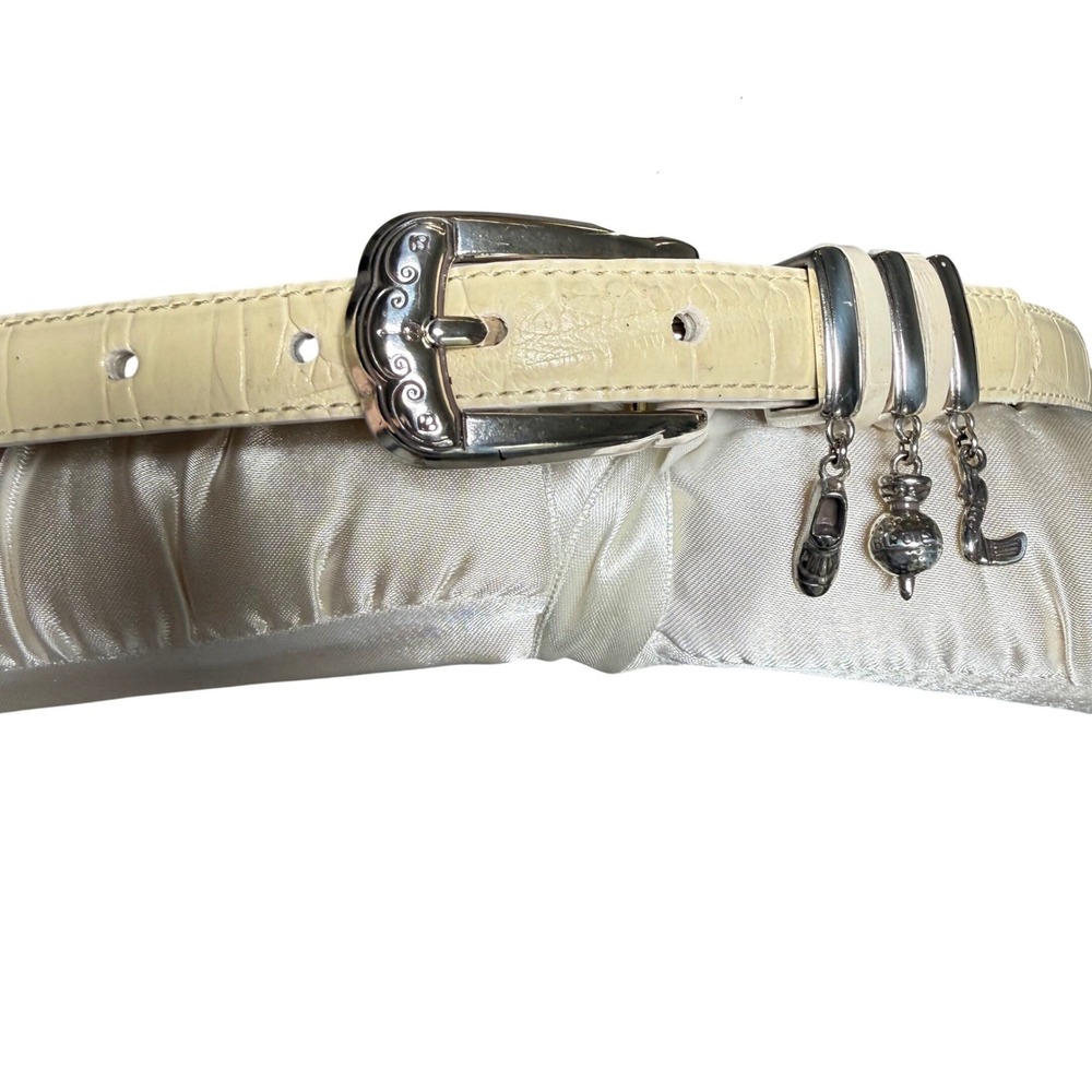 Brighton Cream Embossed Leather Charm Belt Silver Scroll Buckle Size M 30 B30232